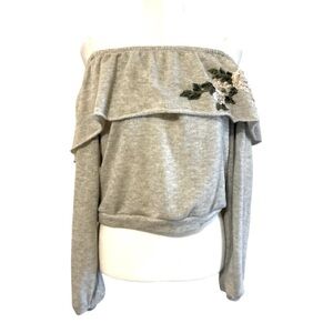 Charlotte Russe Gray Off-Shoulder Sweatshirt with Floral Accent